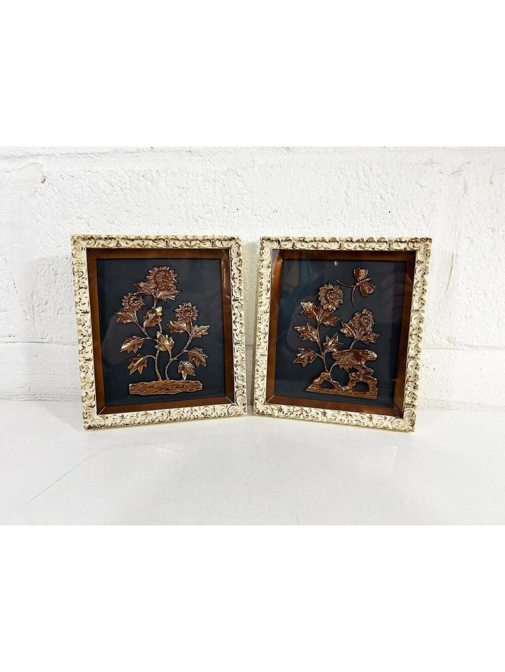 Vintage Flower Wall Art 3D Copper Flowers 1960s 1970s Botanical Set of 2